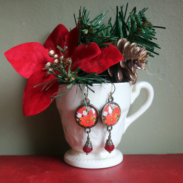 Holiday Red Poinsettia Victorian Christmas Inspired Drop / Dangle Earrings