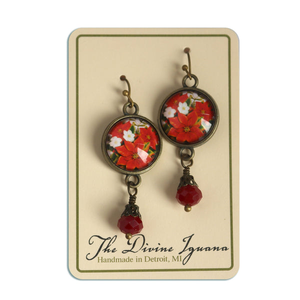 Holiday Red Poinsettia Victorian Christmas Inspired Drop / Dangle Earrings