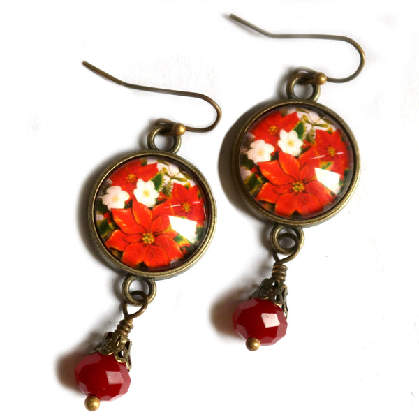 Holiday Red Poinsettia Victorian Christmas Inspired Drop / Dangle Earrings