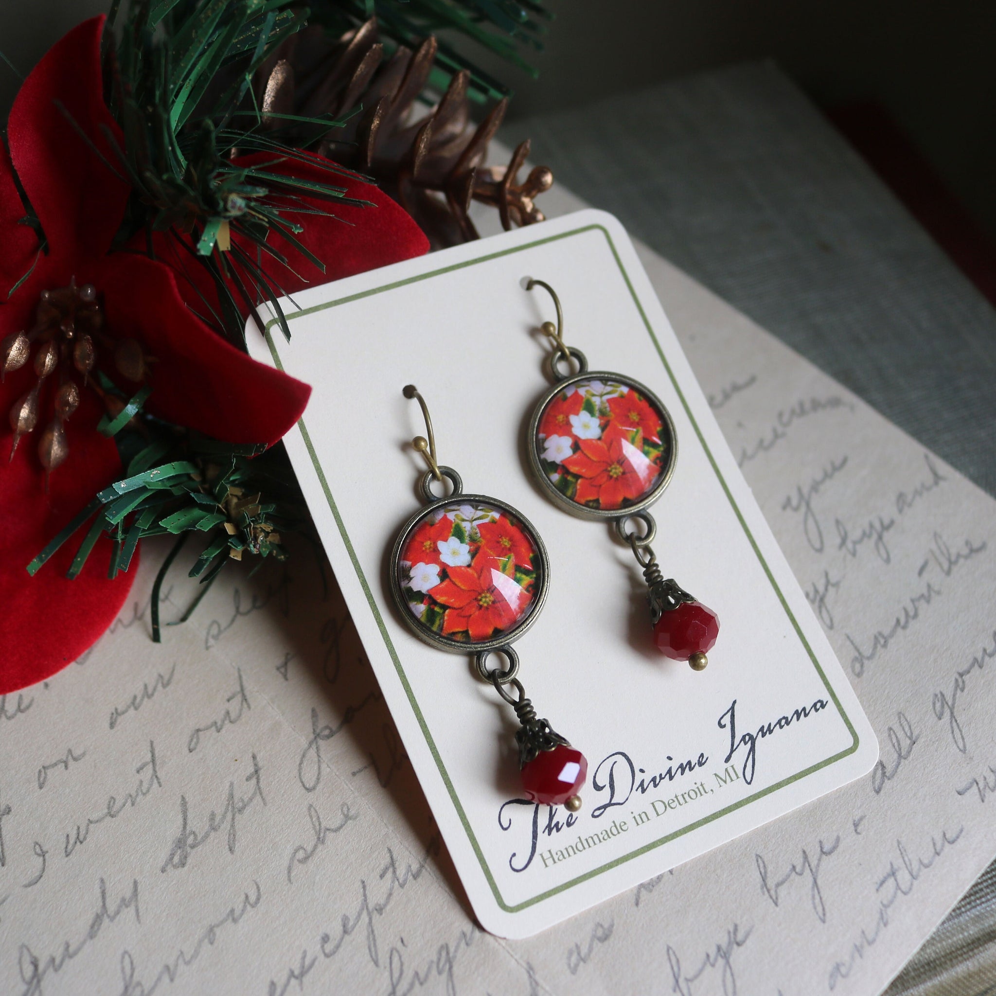 Holiday Red Poinsettia Victorian Christmas Inspired Drop / Dangle Earrings