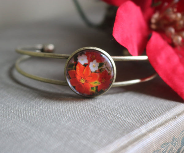 Victorian Christmas Red Poinsettia Holiday Bracelet / Bangle in Antique Brass