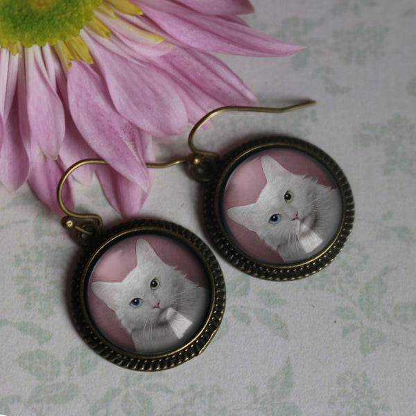 Long Haired White Cat Earrings