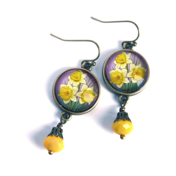 Art Nouveau Daffodil Glass Cabochon Earrings