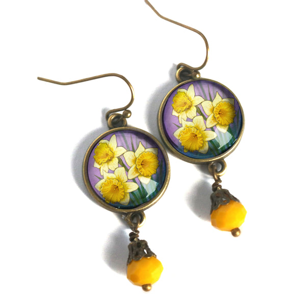 Art Nouveau Daffodil Glass Cabochon Earrings