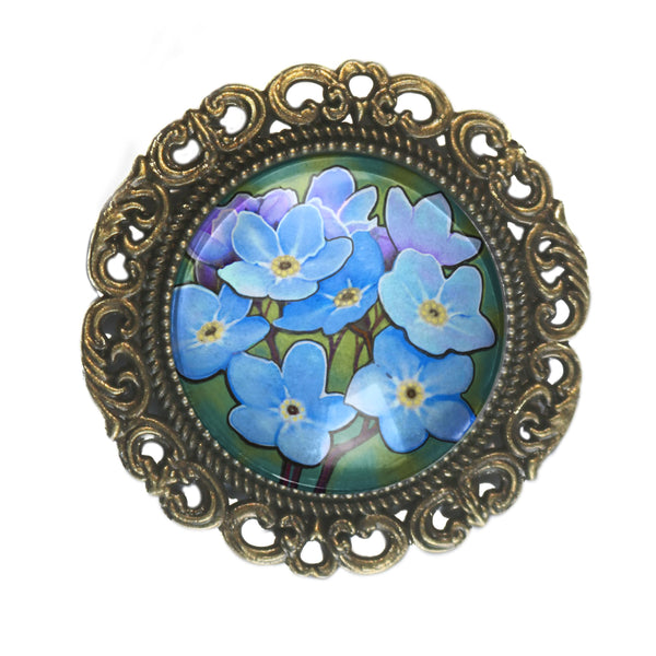 Forget Me Not Ornate Glass Cabochon and Brass Brooch