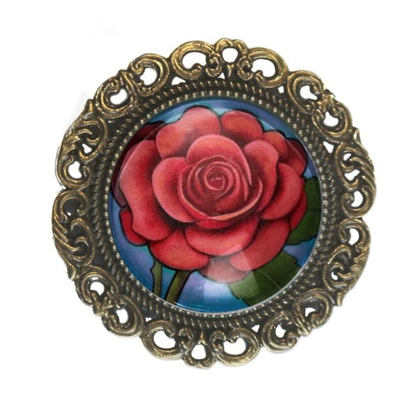 Sweet Rose Ornate Glass Cabochon and Brass Brooch