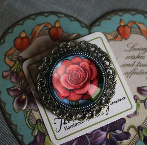 Sweet Rose Ornate Glass Cabochon and Brass Brooch