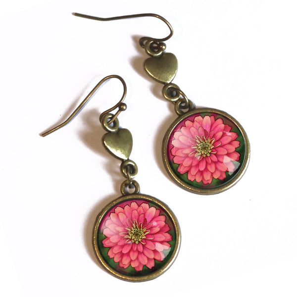 Mother's Day or Valentine's Day Limited Edition Pink Zinnia and Heart Earrings