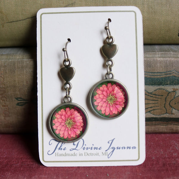 Mother's Day or Valentine's Day Limited Edition Pink Zinnia and Heart Earrings