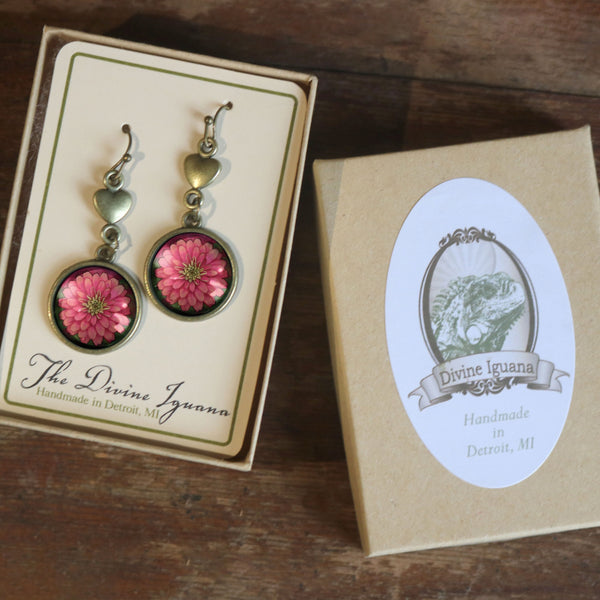 Mother's Day or Valentine's Day Limited Edition Pink Zinnia and Heart Earrings