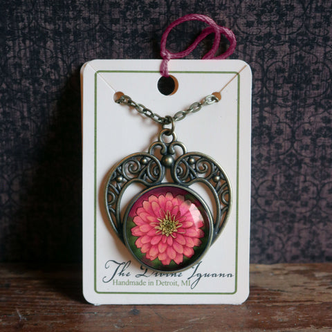 Valentine's or Mother's Day Limited Edition Heart and Zinnia Pendant Necklace