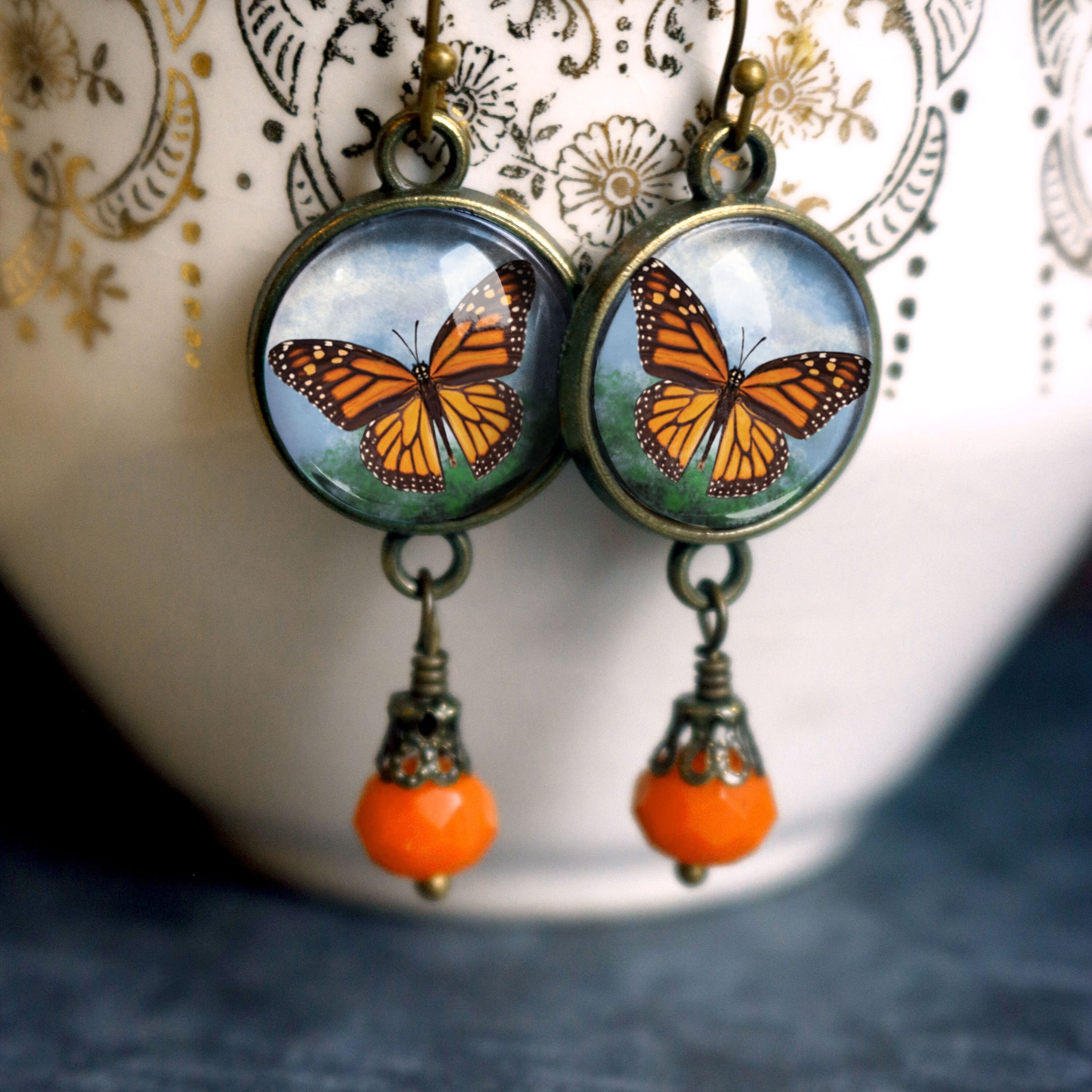 Monarch Butterfly Vintage Inspired Drop / Dangle Earrings