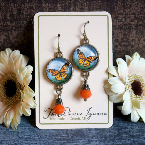 Monarch Butterfly Vintage Inspired Drop / Dangle Earrings