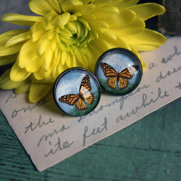 Monarch Butterfly Vintage Inspired Stud Earrings