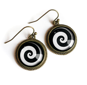 Hypnotist Black and White Spiral Swirl Vintage Inspired Drop / Dangle Earrings in simple bezel