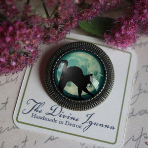 Black Cat on Full Moon Vintage Inspired Pin Brooch