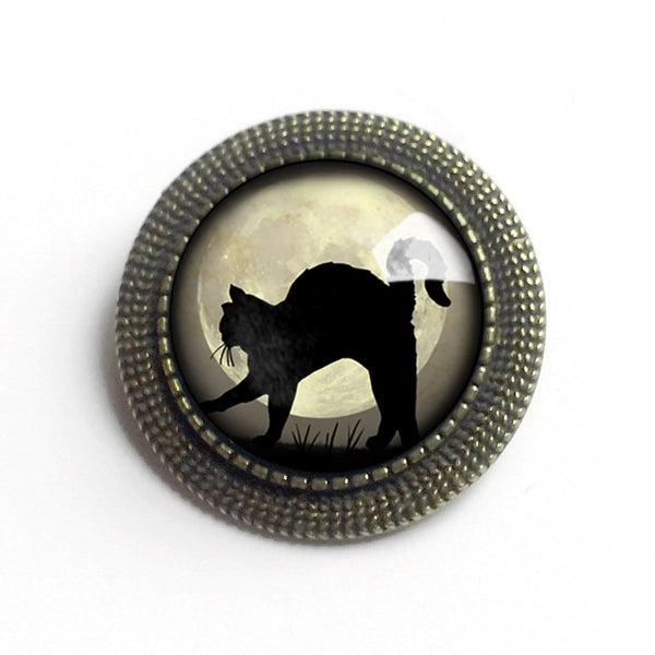 Black Cat on Grey Full Moon Vintage Inspired Pin Brooch