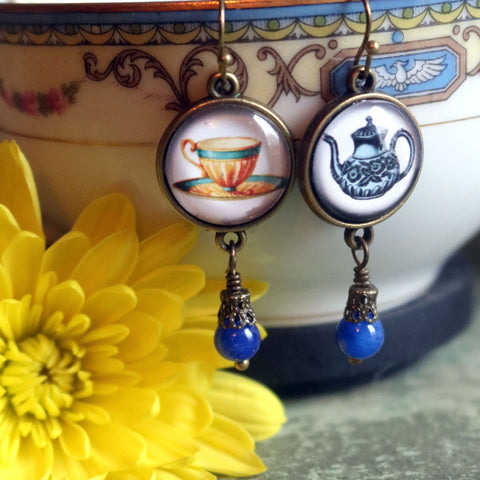 Mismatched Victorian Blue and Yellow Teapot and Teacup Vintage Inspired Drop / Dangle Earrings