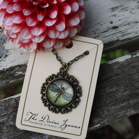 Dragonfly Large Pendant Necklace in Ornate Frame