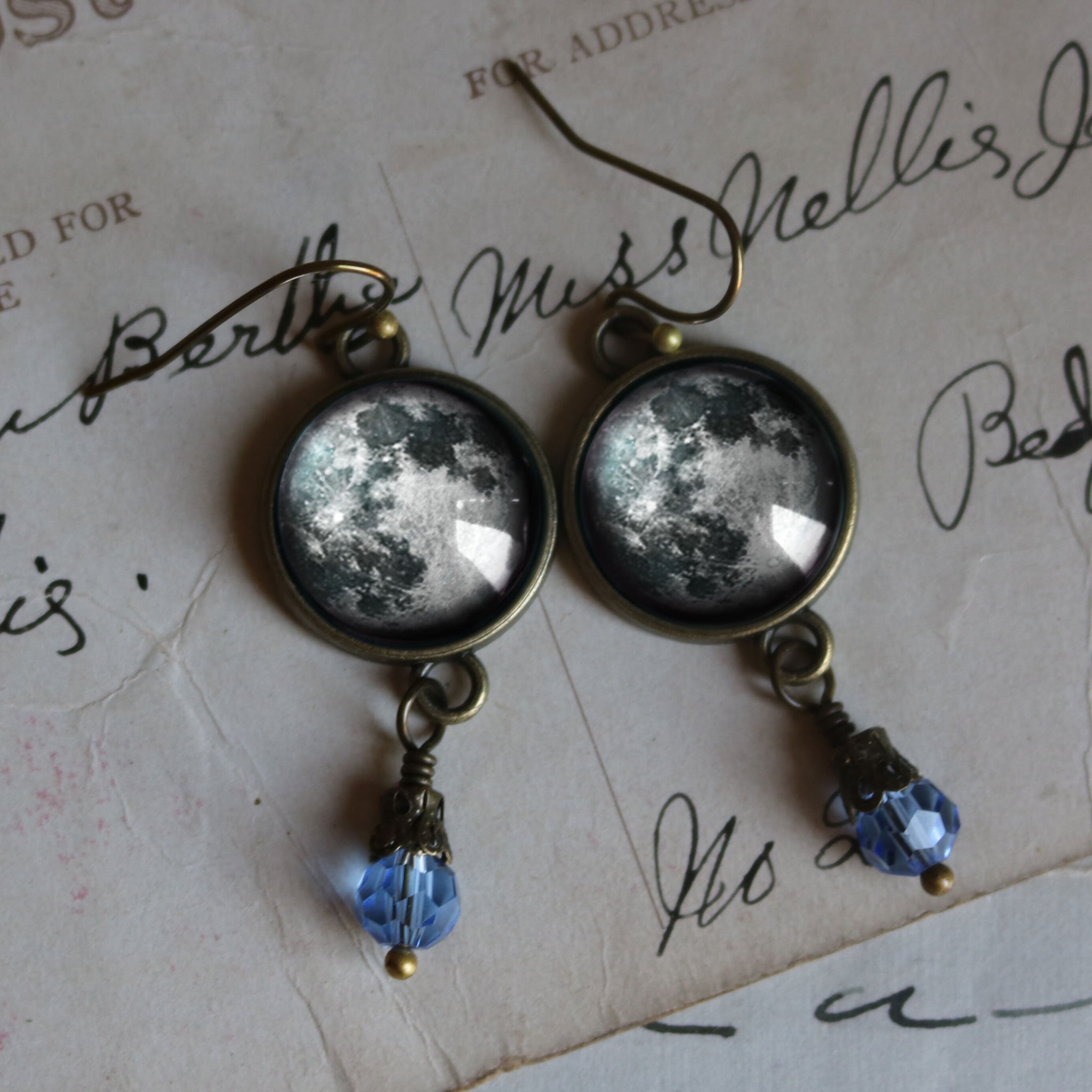 Blue Full Moon Vintage Inspired Drop / Dangle Earrings