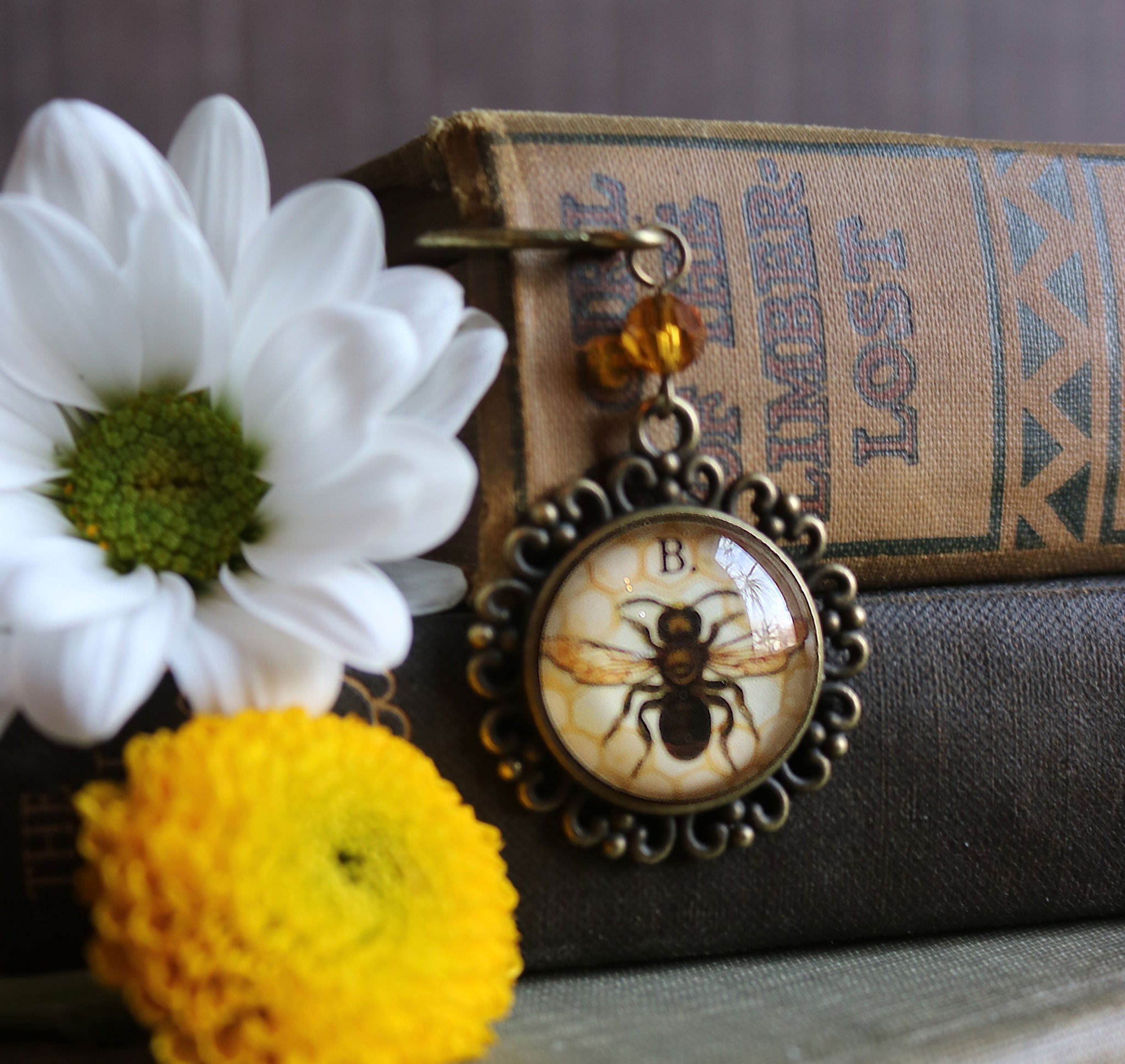 Honey Bee / Worker Bee Glass Cabochon Brass Book Hook / Bookmark