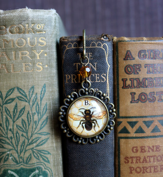 Honey Bee / Worker Bee Glass Cabochon Brass Book Hook / Bookmark