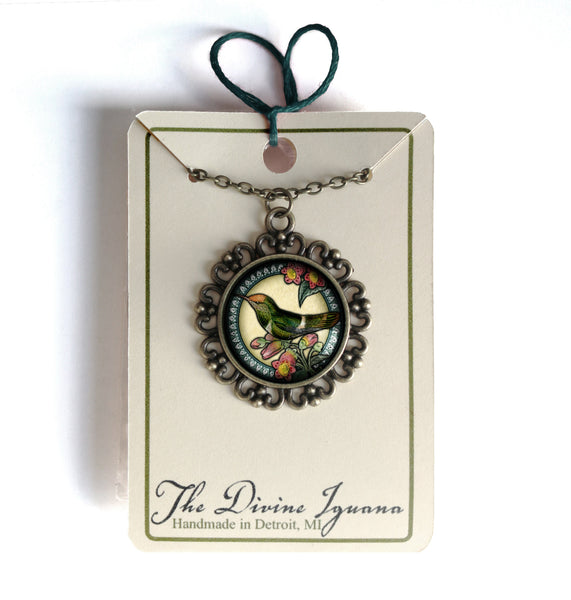 Hummingbird Large Pendant Necklace in Ornate Frame