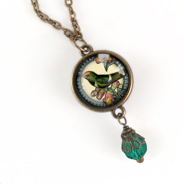 Hummingbird Double Sided Pendant Necklace with Glass Bead