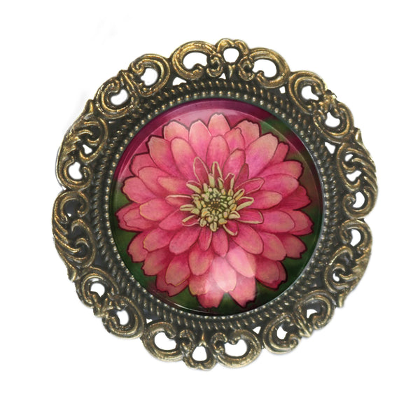 Pink Zinnia Ornate Glass Cabochon and Brass Brooch