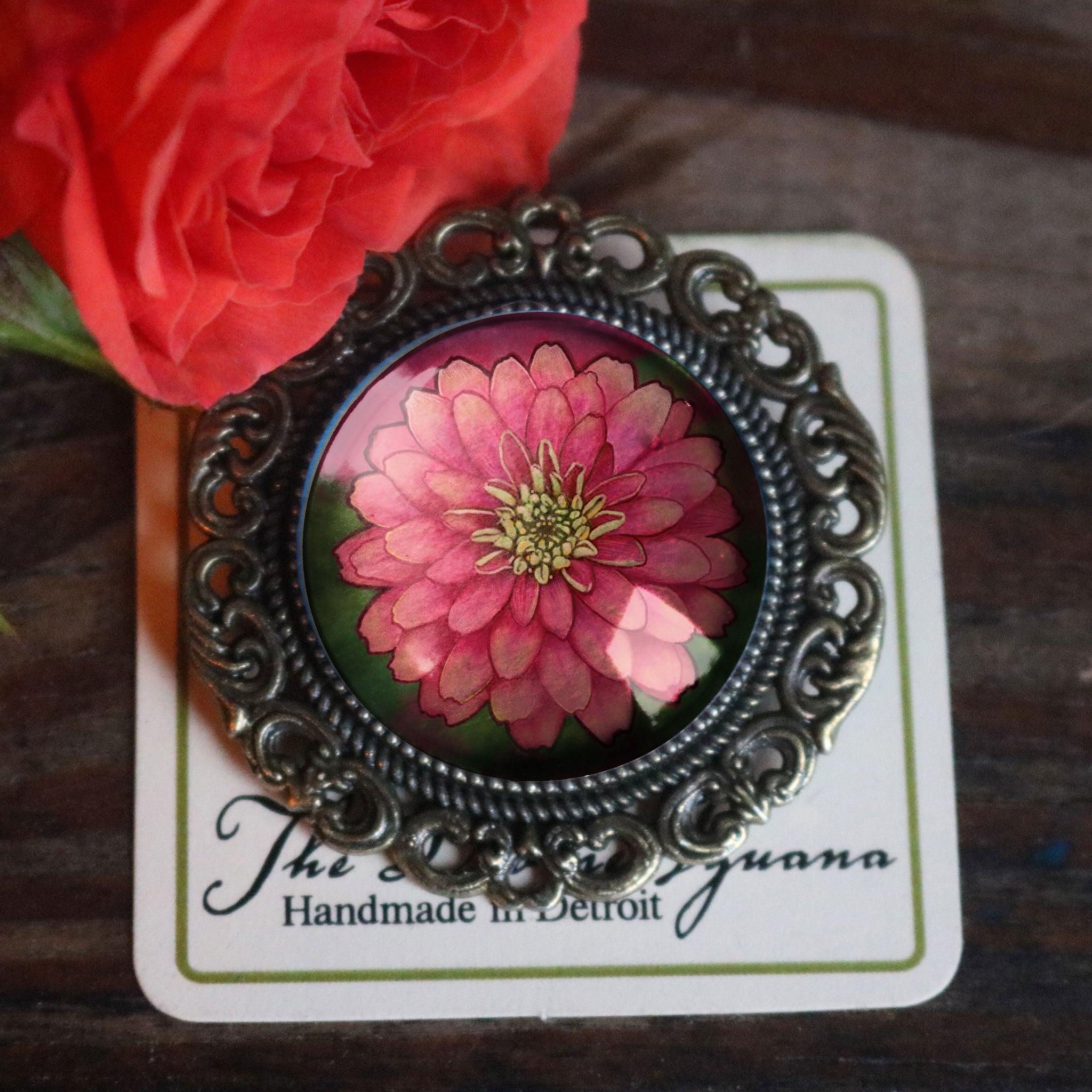 Pink Zinnia Ornate Glass Cabochon and Brass Brooch