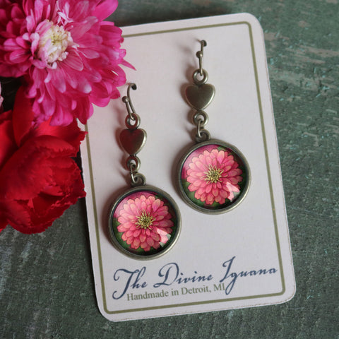 Mother's Day or Valentine's Day Limited Edition Pink Zinnia and Heart Earrings