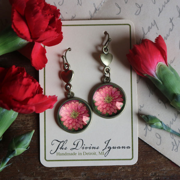 Mother's Day or Valentine's Day Limited Edition Pink Zinnia and Heart Earrings