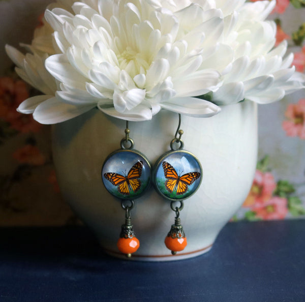 Monarch Butterfly Vintage Inspired Drop / Dangle Earrings