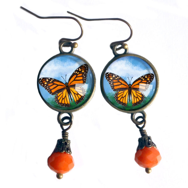 Monarch Butterfly Vintage Inspired Drop / Dangle Earrings