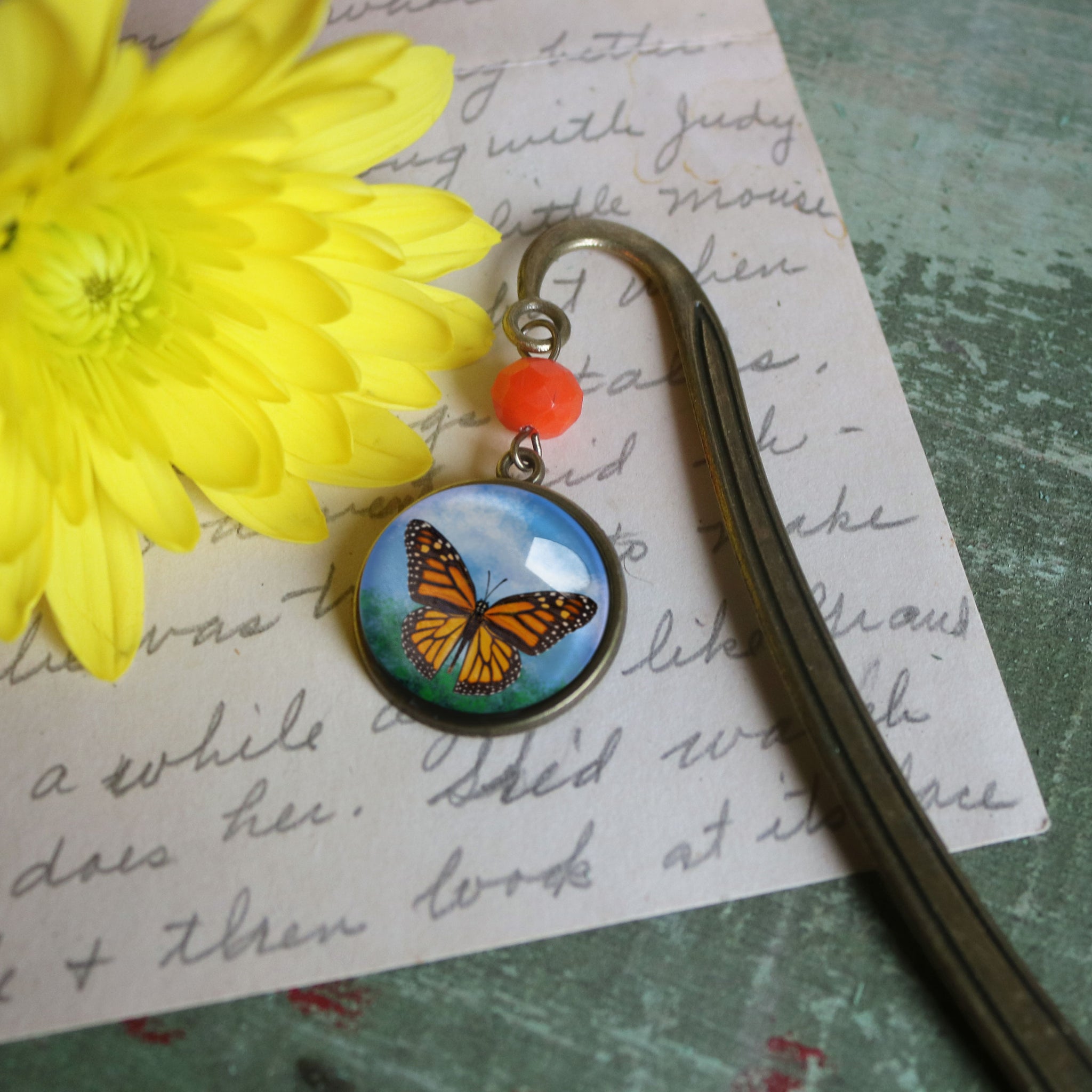 Monarch Butterfly Glass Cabochon Brass Book Hook / Bookmark