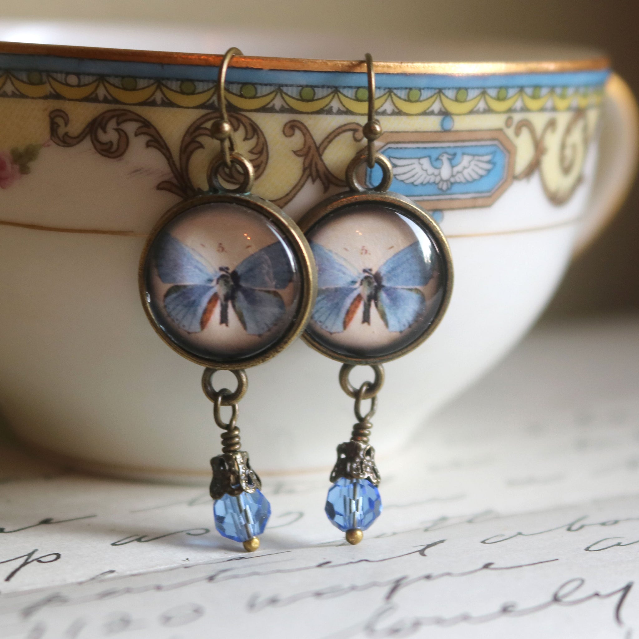 Blue Butterfly Vintage Inspired Drop / Dangle Earrings