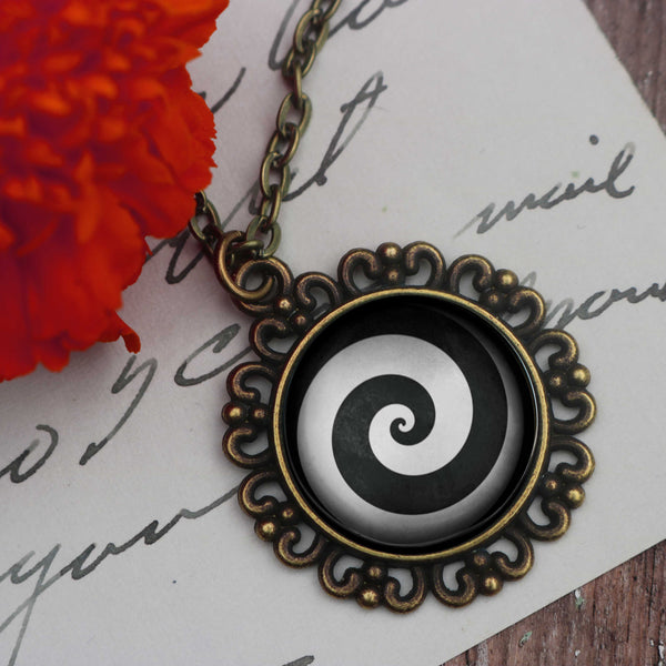 Hypnotist Black and White Spiral Swirl Large Pendant Necklace in Ornate Frame