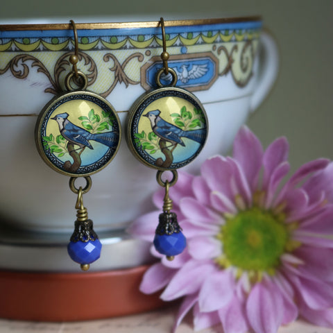 Blue Jay Bird Vintage Inspired Drop / Dangle Earrings