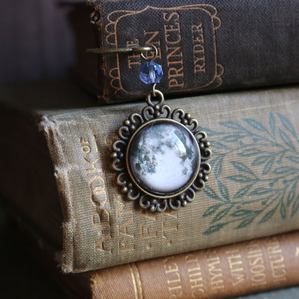 CLEARANCE - Full Moon Glass Cabochon Brass Book Hook / Bookmark