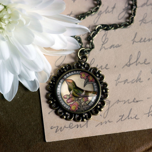 Hummingbird Large Pendant Necklace in Ornate Frame