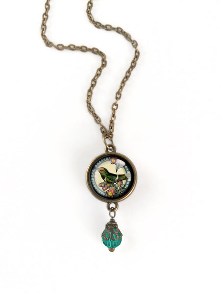 Hummingbird Double Sided Pendant Necklace with Glass Bead