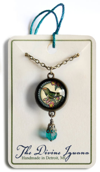 Hummingbird Double Sided Pendant Necklace with Glass Bead