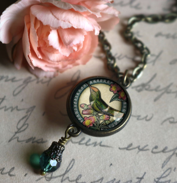 Hummingbird Double Sided Pendant Necklace with Glass Bead