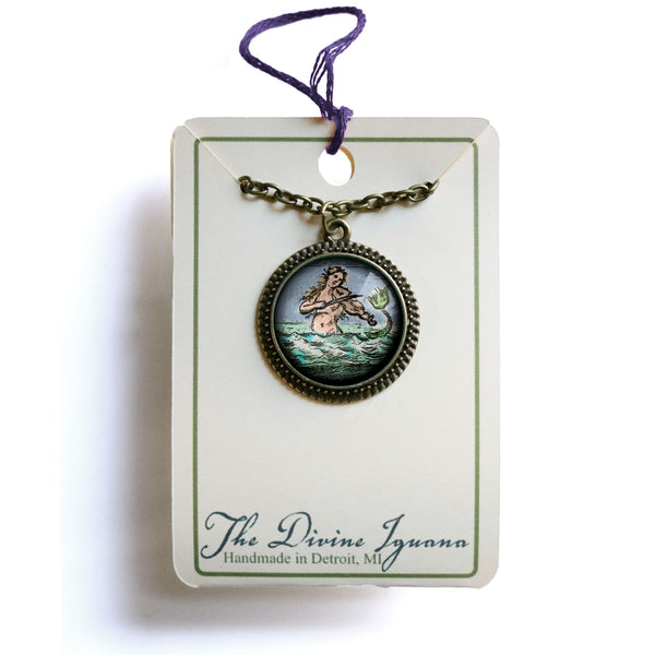 Ancient Mermaid Reversed Decoupage Glass Cabochon Pendant Necklace in Bronze Bezel