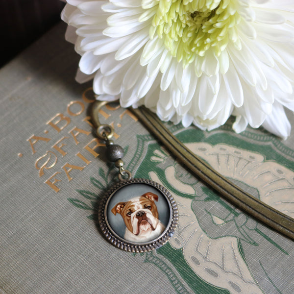 English Bulldog Glass Cabochon Brass Book Hook / Bookmark