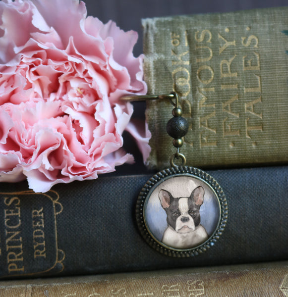 French Bulldog Glass Cabochon Brass Book Hook / Bookmark