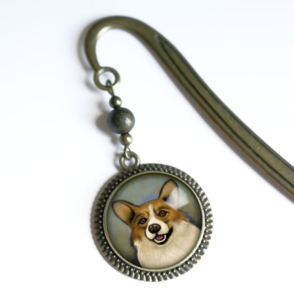 Corgi Dog Glass Cabochon Brass Book Hook / Bookmark