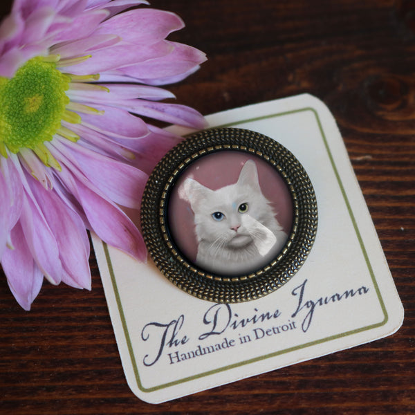 Long Haired White Cat Vintage Inspired Pin Brooch