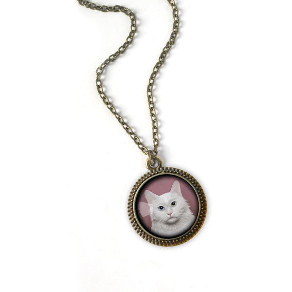 Long Haired White Cat Reverse Decoupage Glass Cabochon Pendant Necklace