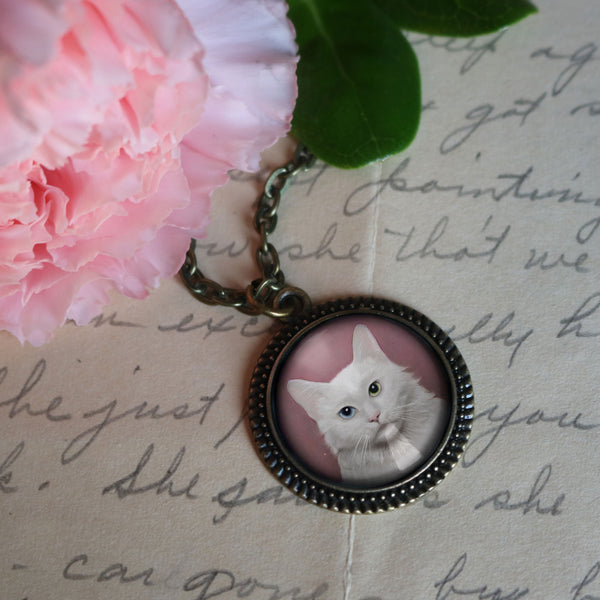 Long Haired White Cat Reverse Decoupage Glass Cabochon Pendant Necklace